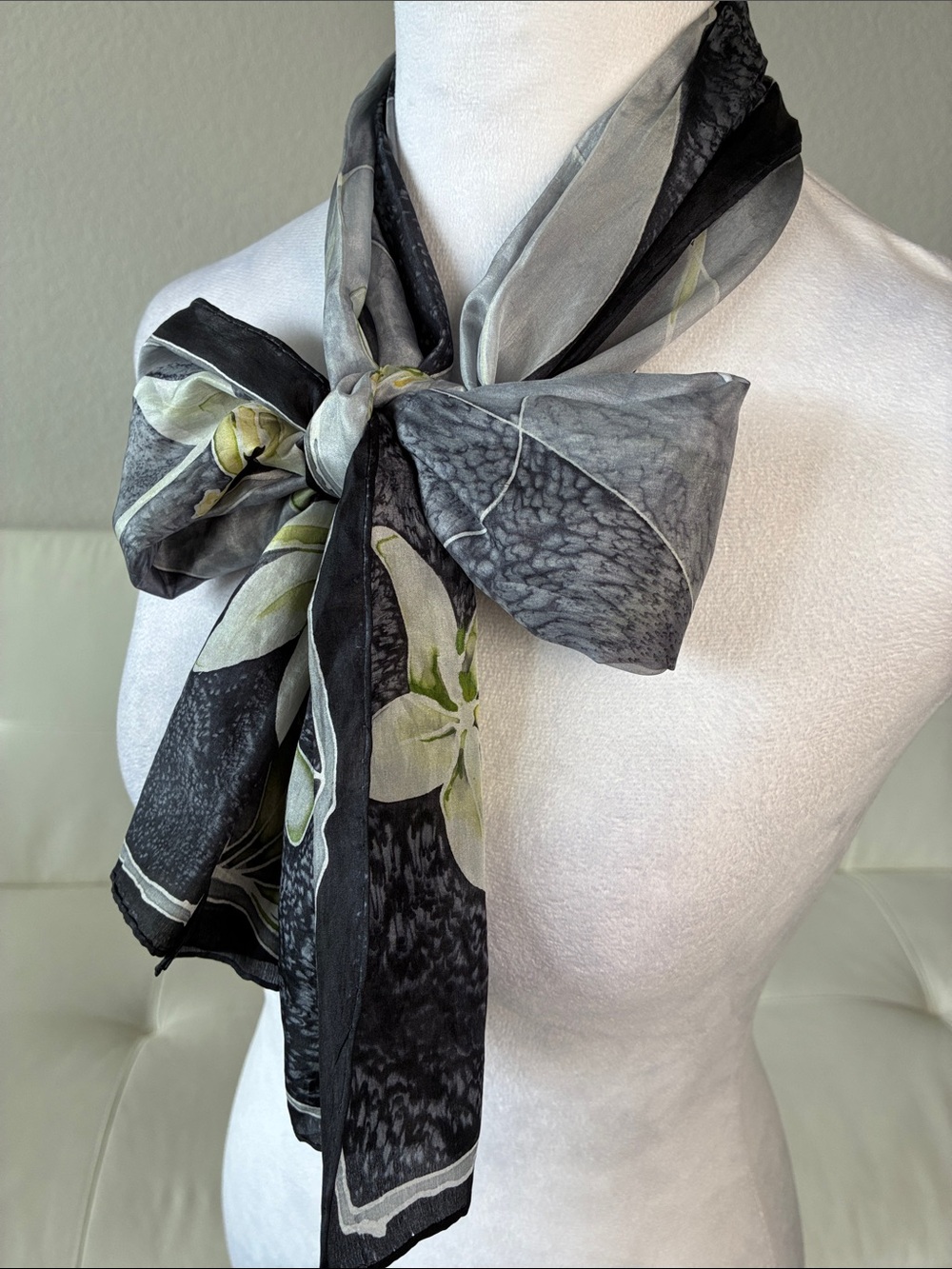Silk Floral Lightweight Scarf in Black and Olive
